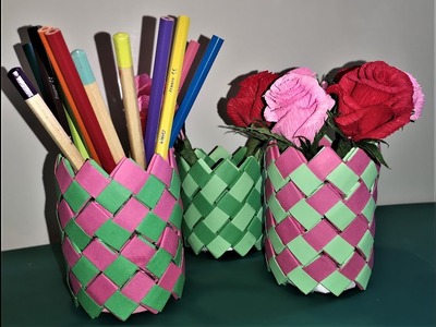 How to Make a PAPER Pencil Holder. Paper Flower Vase. Paper Pen Stand. Suport creioane din hartie