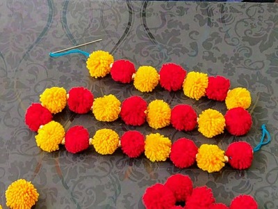 AMAZING GARLAND CRAFT WITH WOOLEN POM POM || Marigold Flower Mala Making From Woolen