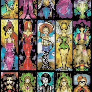 counted cross stitch pattern 15 princesses stained glass 297x518 stitches CH1481
