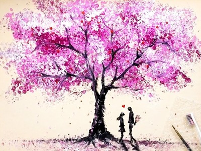 How to draw Romantic Couple beside a Cherry Tree. Bubble Wrap Painting Techniques
