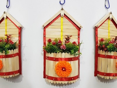 Wall Hanging Flower Vase with  Popsicle Stick | Ice-cream Sticks Craft Idea |DIY|