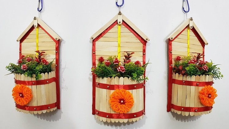 Wall Hanging Flower Vase with  Popsicle Stick | Ice-cream Sticks Craft Idea |DIY|