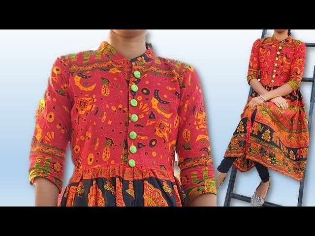 DIY  beautiful cotton traditional printed kurti with front slit  cutting stitching full tutorial