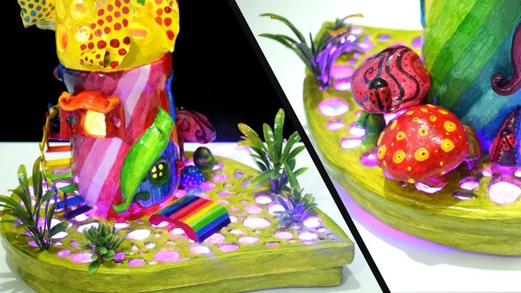 DIY Rainbow Fairy House Lamp using Jar and Plastic Bottle | DAS Paper Clay Tutorial