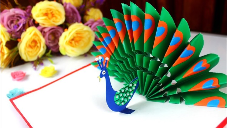 DIY - How to make Peacock Pop up card-Easy Blue and Green Peacock with Paper-Handmade Birthday Card!