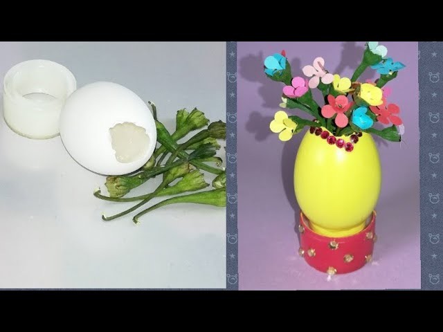 DIY.Best out of waste.Egg shell art.kids art.easy making vase at home.multi colour flowers