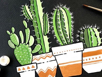 Gouache Painting Cactus on Black Coldpress Watercolor Paper