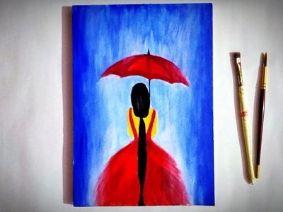 Rainy Season painting on Canvas | How to draw a girl with Umbrella in the rain step by step