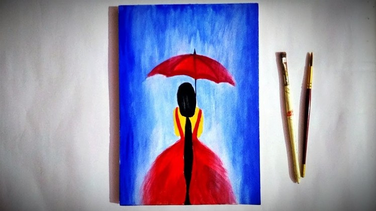 Rainy Season painting on Canvas | How to draw a girl with Umbrella in the rain step by step