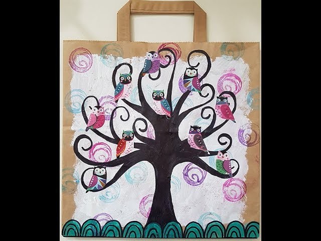 Recycled Paper bag - Whimsical Tree And Owls