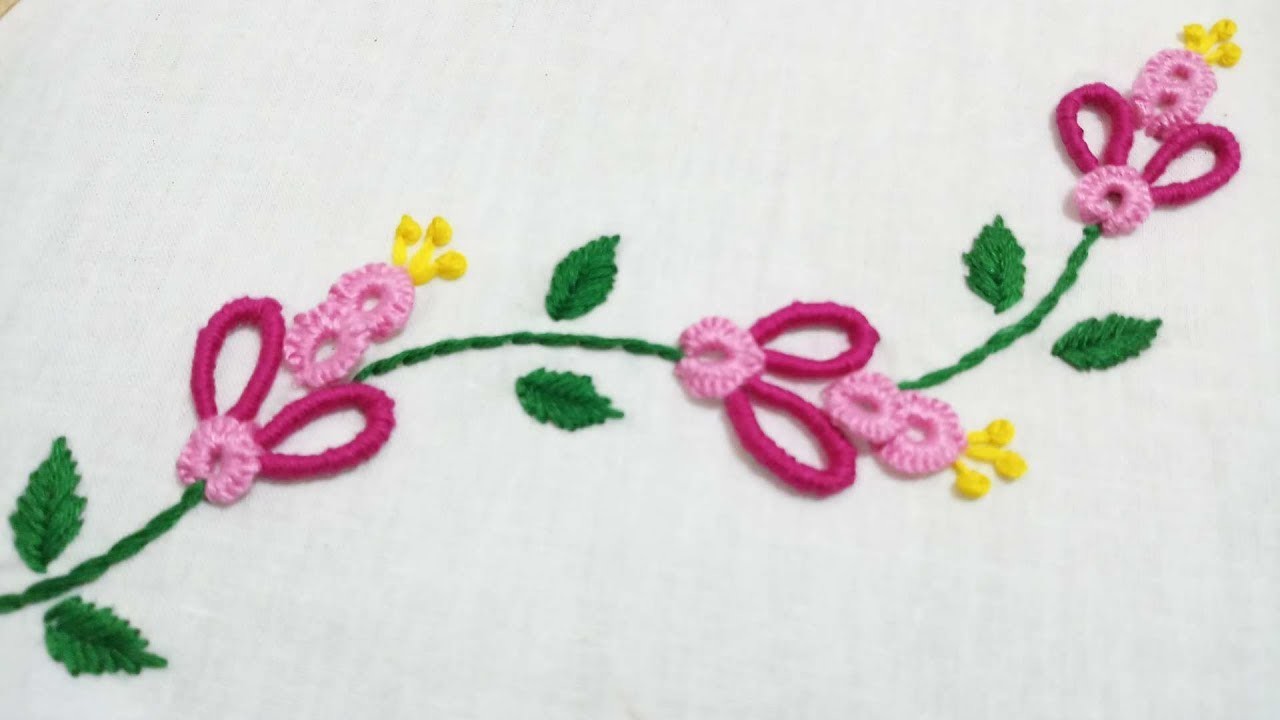 Hand embroidery of a flower creeper with bullion and cast on stitch