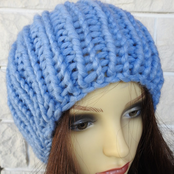 Hand Knitted Women's Blue Ribbed Winter Hat With A Blue Pom Pom - Free Shipping