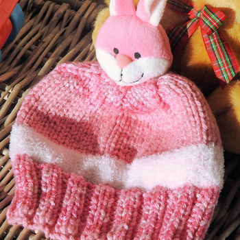 Handmade Child's Knitted Pink And White Bunny Hat - Free Shipping
