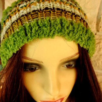 Handmade Woman's Knitted  Green Muticoloured Pom Pom Hat - Free Shipping