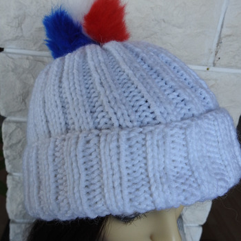 Women's White Two Style Hat With A Pom Pom Of The Colours Of The French Flag - Free Shipping
