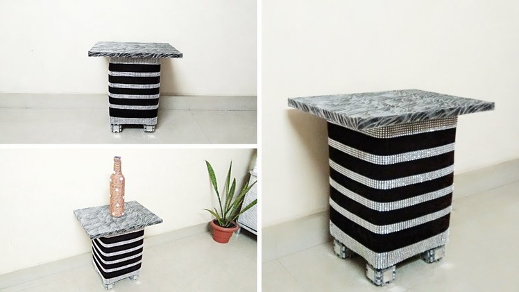 #DIY Glam Side Table From Cardboard And Plastic Bottles# Side Table Craft#Making Glam Side Table#
