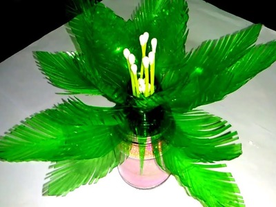 Empty plastic bottle vase making craft. Make artificial flower using plastic bottles and cotton buds