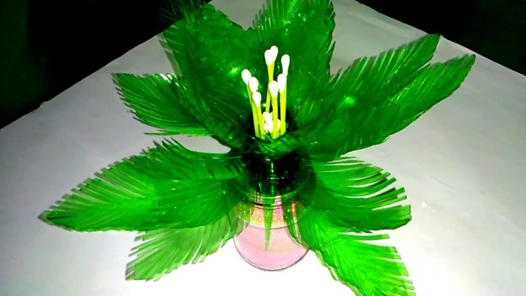 Empty plastic bottle vase making craft. Make artificial flower using plastic bottles and cotton buds