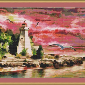 A Lighthouse At Sunset Cross Stitch Pattern