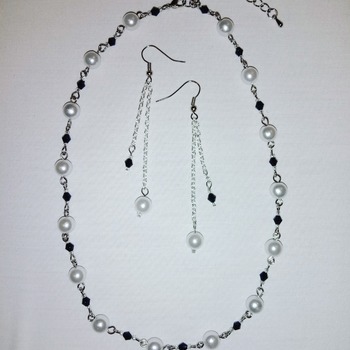 Handmade Black Beads White Pearl Necklace Earrings Set Jewellery