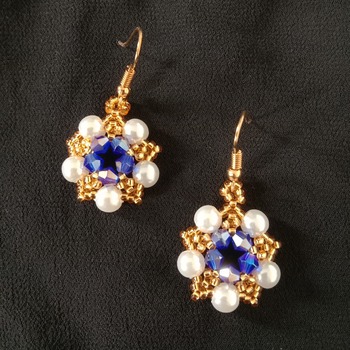 Handmade White Pearl Royal Blue Crystal Glass Star Earrings Jewellery