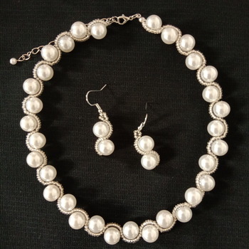 Handmade White Pearl Silver Line Necklace Earrings Set Jewellery Set
