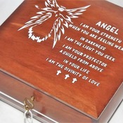 FREE POST - LOCKABLE Deluxe ANGEL Wooden Box. With comforting angel prayer poem. Affirmation Box. Prayer Box. Spiritual Healing.
