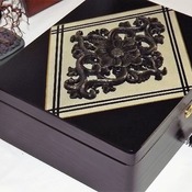 FREE POST - LOCKABLE DELUXE Black, Beige & Gold wooden Jewellery Storage Box with black CARVED wooden centerpiece.