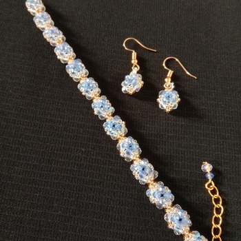 Handmade Tiny Square Crystal Glass Beads Bracelet Earrings Set Jewellery