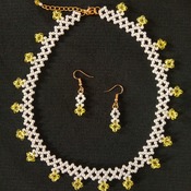 Handmade Yellow Crystal Glass White Pearl Diamond Shape Necklace Earrings Set
