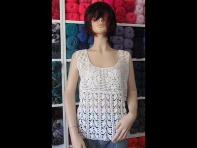 Crochet summer blouse with filet crochet and fantasy leaf stitch