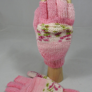 Knitted Pink With Bands Of Pink And Green On A White Background Convertible Gloves - FREE SHIPPING