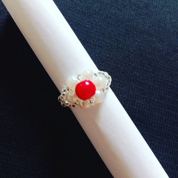 Handmade Red White Pearl Silver Ring Jewellery