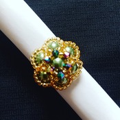 Handmade Green Pearl Crystal Gold Flower Ring Jewellery