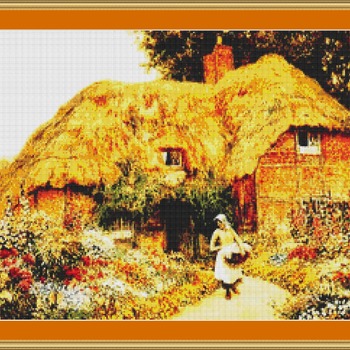 Woman Before A Cottage Cross Stitch Pattern