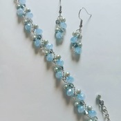 Handmade Blue Grey Crystal Grey Pearl Silver Vine Bracelet Earrings Jewellery