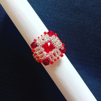 Handmade Red Crystal Silver Square Ring Jewellery