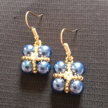 Handmade Blue Pearl Crystal Gold Criss Cross Square Earrings Jewellery