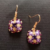 Handmade Purple Pearl Purple Crystal Gold Criss Cross Square Earrings Jewellery