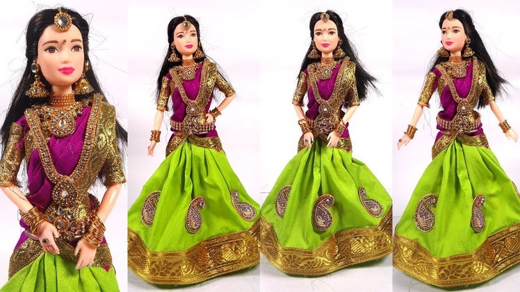 Barbie in Traditional HALF SAREE | How to make function and festival wear dresses for barbie dolls
