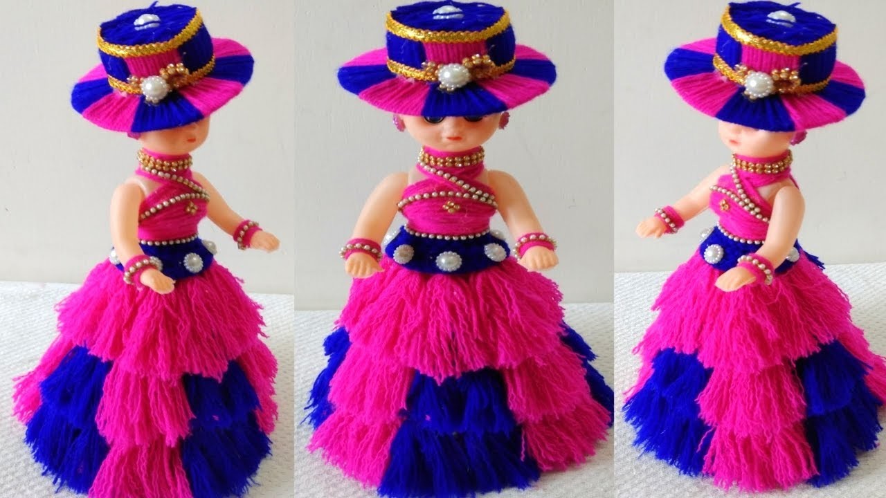 DIY DOLL DECORATION USING WOOL.BEAUTIFUL WOOLEN DOLL DRESS MAKING.HOW TO DECORATE DOLLUSING WOOL