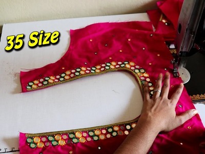 How to Designer 35 Size Round Neck Mirror Worked Saree Blouse Cutting and Stitching