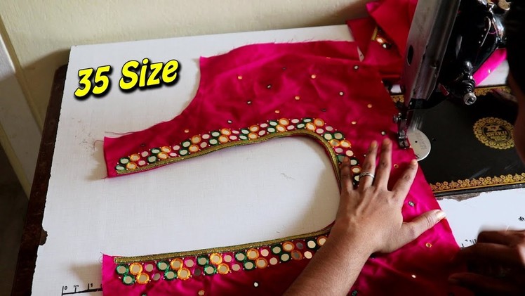 How to Designer 35 Size Round Neck Mirror Worked Saree Blouse Cutting and Stitching