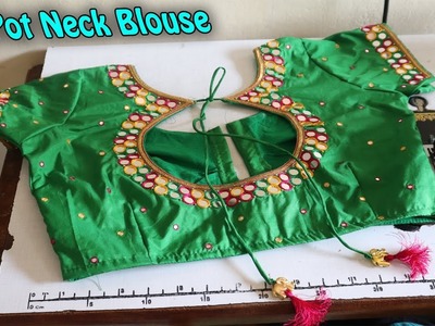 How to Designer 38 Size Pot Neck Mirror Worked Saree Blouse Cutting and Stitching