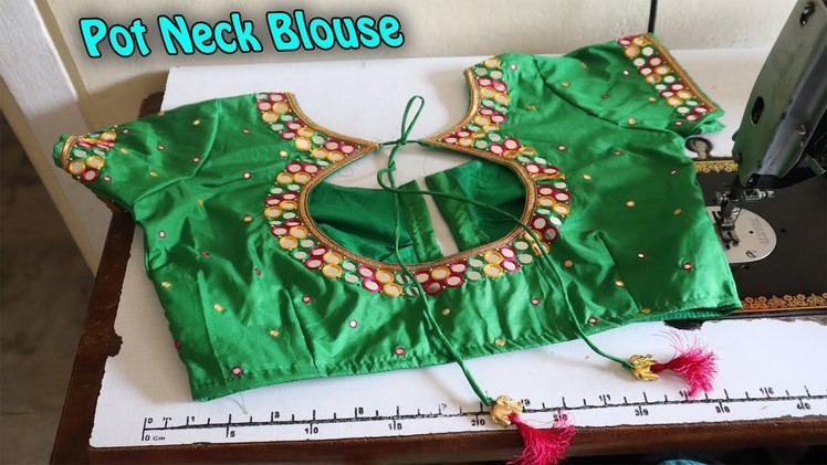 How to Designer 38 Size Pot Neck Mirror Worked Saree Blouse Cutting and Stitching