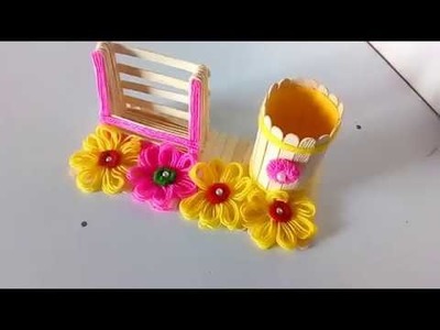 How to make pen, pencil and phone holder with ice cream stick!! hand made pen stand making