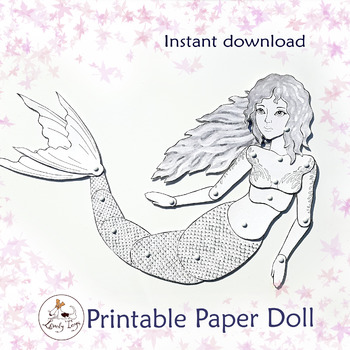 Printable coloring articulated mermaid Digital paper doll bookmark pattern Cut out wall art home decor Model DIY