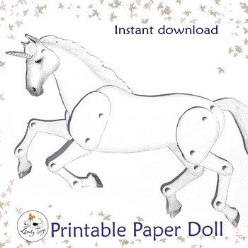 White Unicorn anatomical paper doll. Printable coloring jointed model. Instant download pattern