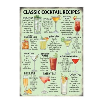 Classic Cocktail Recipes Metal Wall sign plaque for pub, bar man, lady cave NEW