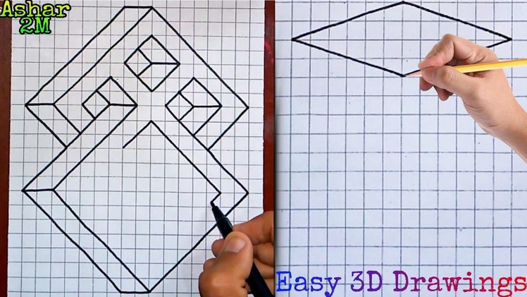 Graph Paper Drawings  - How to Draw 3D on Graph Paper | 3D Easy drawings on Grid.Graph Paper